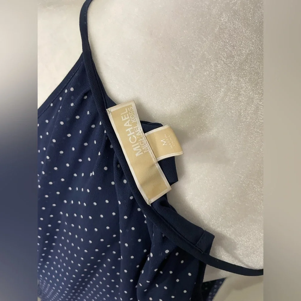 Michael Kors Navy and White Polka Dot Cold-Shoulder Long-Sleeve Dress